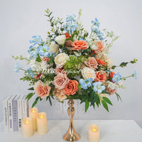 FB1926 Peach, Blue & White Artificial Flower Wedding Centerpiece with Gold Stand, 19.69"