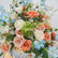 FB1926 Peach, Blue & White Artificial Flower Wedding Centerpiece with Gold Stand, 19.69"