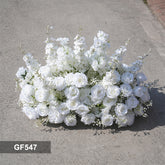 GF547 80cm White Artificial Rose & Delphinium Floral Runner - Faux Flower Centerpiece for Wedding Tables