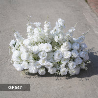 GF547 80cm White Artificial Rose & Delphinium Floral Runner - Faux Flower Centerpiece for Wedding Tables