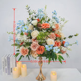 FB1926 Peach, Blue & White Artificial Flower Wedding Centerpiece with Gold Stand, 19.69"